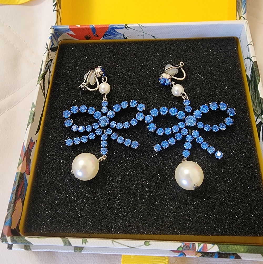 ERDEM x H&M Blue Crystal Bow Earrings with Pearls (Clip-on)